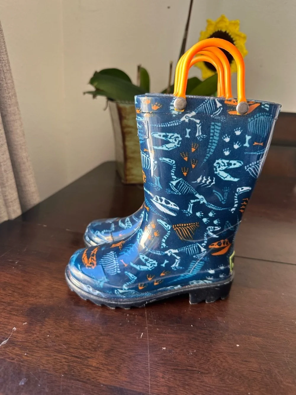 Western Chief Navy & Orange Dino-Print Kids Rain Boots
